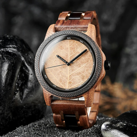 Bobo Bird Real Brown Leaf Watch with Minimalist Display