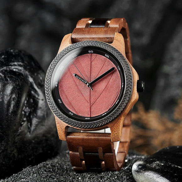 Bobo Bird Real Red Leaf Watch with Minimalist Display