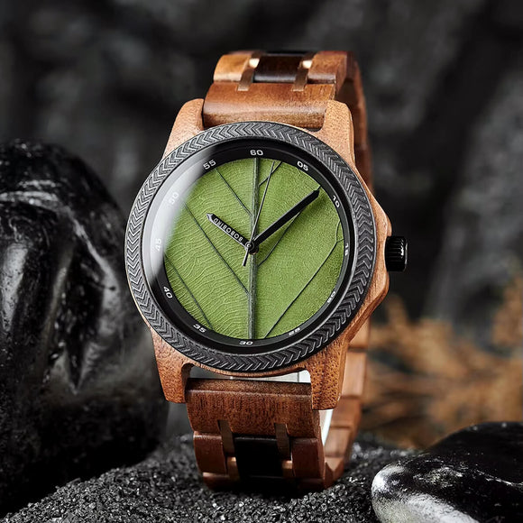 Bobo Bird Real Green Leaf Watch with Minimalist Display