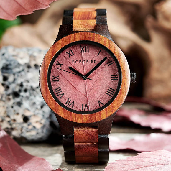 Bobo Bird Real Red Leaf Watch with Roman Numeral Display